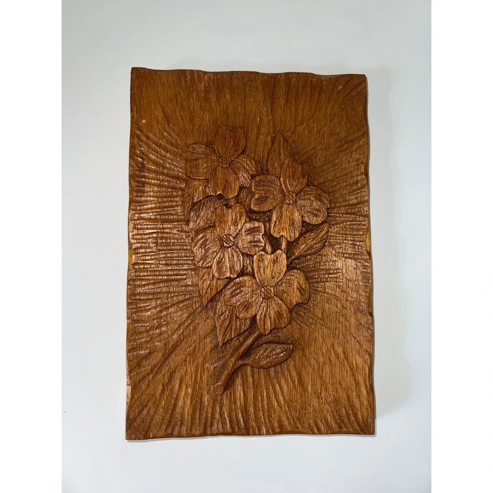 Hand Carved Wood Wall Art Floral Dogwood Plaque Ozarks Folk Art 10.5x7 Brown